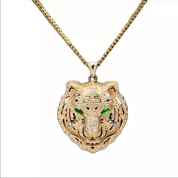 Other - New tiger face green eyes stainless steel necklace
